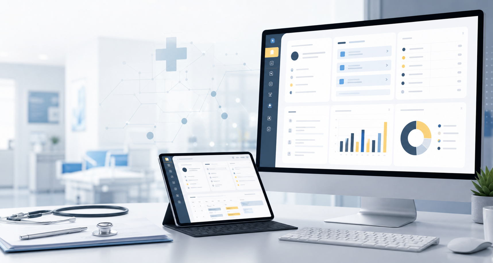 Desktop and tablet showing EHR workflow and revenue analytics screens